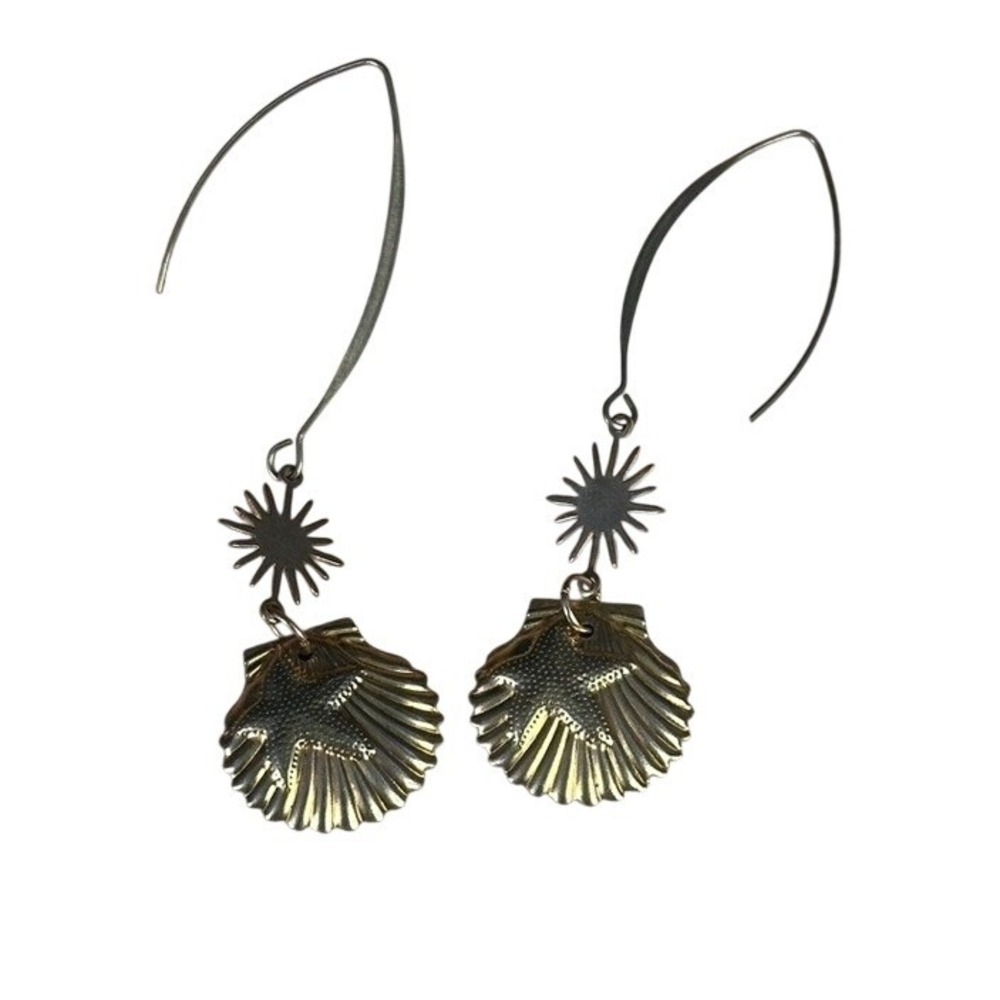 Gold Tone Starfish Seashell Sunburst Dangle Earrings Nautical Coastal Boho